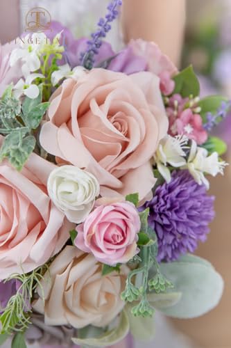 TINGE TIME Artificial 9 Inch Bridal Bouquet,Pink&Violet Flower Bouquet with Roses for Bride, Bridal Tossing Bouquet for Wedding Ceremony Anniversary Bridal Showers Wedding Church Decoration - color: Pink & Violet