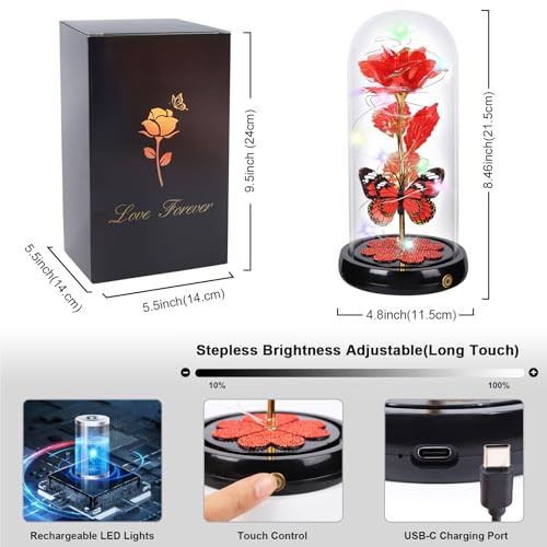 Mothers Day Rose Gifts for Mom Birthday Gift, Rechargeable Galaxy Glass Rose in Glass Dome Eternal Crystal Flower Butterfly Gift Mother's Day Flowers Gifts for Women Mom Wife Grandma Daughter Red - color: USB-E Red