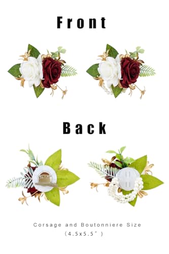 Burgundy Corsage and Boutonniere Set for Wedding Prom, Artificial Rose Flower Wrist Corsage Bracelets, Homecoming Corsage Wristlet, Boutonniere for Men Wedding Suit Decorations - color: Burgundy