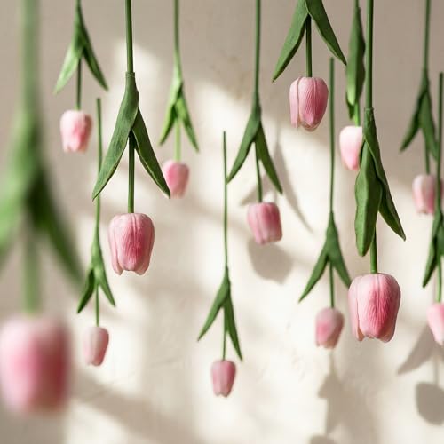 12 Pack Light Pink 5 ft Artificial Tulips Hanging Flower Garland Decorations Spring Summer Dangling Faux Tulip Floral Vine Strings with Hooks for Wall Ceiling Wedding Tea Party - color: Light Pink