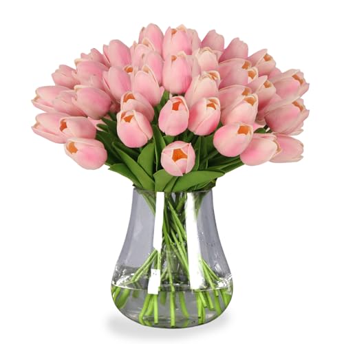 30pcs Tulips Artificial Flowers, Real Touch Fake Flowers Home Decor, Faux Tulips Bouquets Arrangements for Spring Easter Mothers Day Wedding Dining Room Table Decoration(Pale Pink) - color: Pale Pink