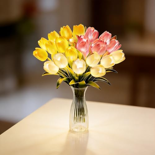 15pcs LED Lighted Artificial Flowers Tulip Lamp with Vase Real Touch Tulips Faux Flower Lights for Valentines Day Gift Easter Home Kitchen Wedding Dining Table Decor (Mix) - color: 15pcs Max