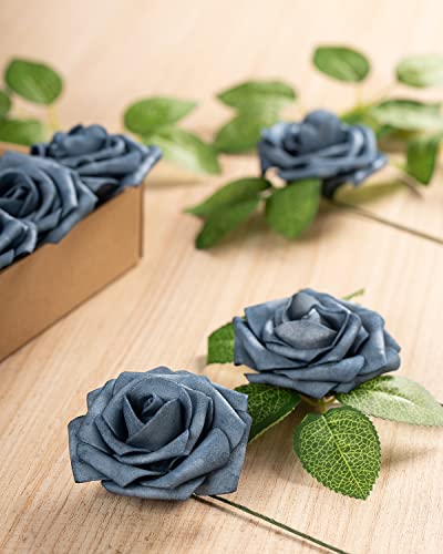 DuHouse 25Pcs Artificial Roses Flowers Fake Roses with Stems Real Touch Foam Flowers for DIY Wedding Bouquet Party Centerpiece Floral Arrangement Party Home Decor(Dusty Blue) - color: Dusty Blue, size: 25pcs