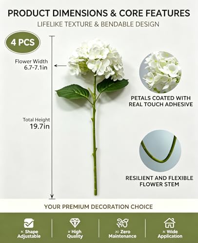 4 Pcs Faux Hydrangeas Real Touch Hydrangea Artificial Flowers Latex Large Fake Flower Long Stems for Wedding Home Party Table Centerpieces Decor (Blue) - color: Blue