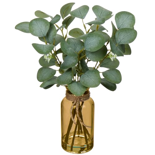 Briful Artificial Eucalyptus Stems in Amber Glass Vase with Faux Water, 14" Fake Plant Eucalyptus Leaves for Home Office Farmhouse Wedding Centerpiece Décor - color: Amber
