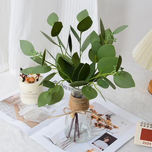 Artificial Eucalyptus Stems in Glass Vase with Faux Water for Table Centerpieces, Fake Eucalyptus Stems and Leaves Greenery in Vase for Home Office Decor