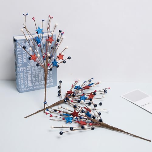 3 Pack Patriotic Artificial Berry Stem Picks: 4th of July Decorations Red White and Blue Stars Flowers Decoration for Independence Day, Home Vase Décor Table Centerpieces - color: Patriotic Decorations Picks