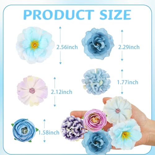 ATTGREAT Fake Flower Heads Mini Silk Flowrs Bulk Small Flower 3D Loose Faux Daisy Rose Sunflowers Plum Blossoms Craft for Wedding Party Cake Baby Shower Home Decor, 110Pcs(Blue) - color: Blue
