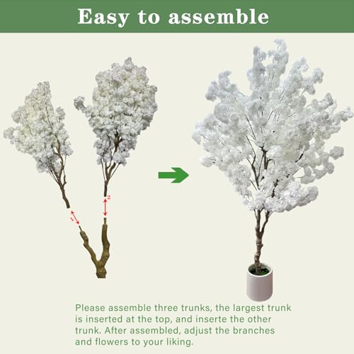 Cherry Blossom Tree 7ft, White Artificial Cherry Tree Fake White Tree for Wedding Party Home Living Room Decor - size: 4ft 10in