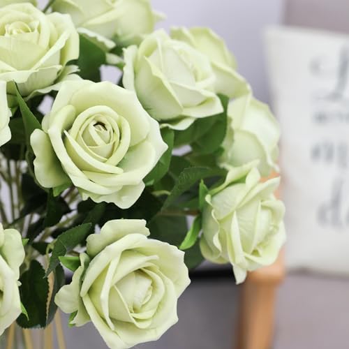 Hawesome Fake Roses Artificial Silk Flowers - 12 Pcs Green Roses Artificial Faux Flowers with Stems for Home Wedding Centerpiece Hotel Office Decor - color: Green