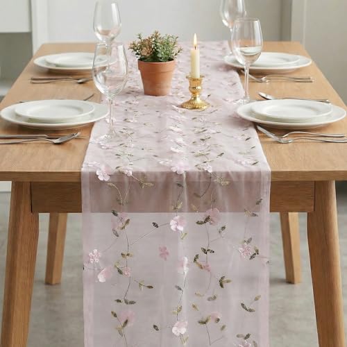 Artoid Mode 3D Flower Pink Gauze Embroidery Table Runner 120 Inch 10FT, Tulle Seasonal Spring Kitchen Dining Holiday Table Decor for Home Party - color: Pink
