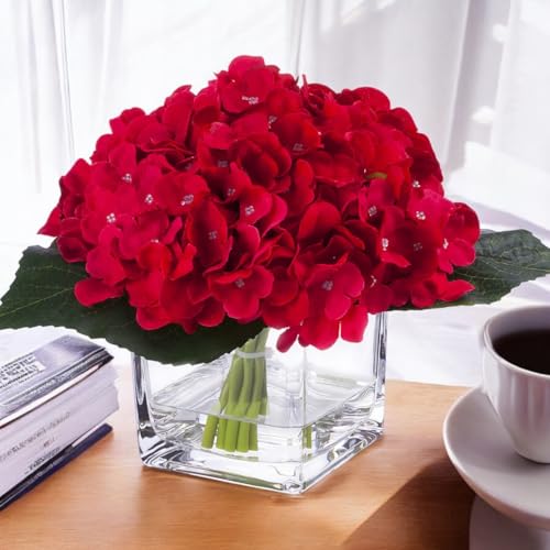 ENOVA FLORAL Silk Hydrangea Artificial Flowers in Vase with Faux Water, Silk Flower Arrangements in Vase for Home Decor, Wedding Table (Red) - color: Red