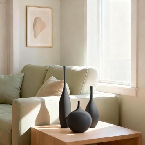 Relexome Black Ceramic Vase Modern Boho Wabi-Sabi Flower Vase Set of 3 Decorative Aesthetic Vases for Centerpieces Matte Minimalist Vases for Living Room Table Shelf Home Decor Gift - color: Black