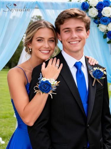Serwalin 6 PCS Royal Blue Wrist Corsage for Wedding, Artificial Silk Rose Flower Corsage Wristlet Décor for Prom Homecoming Party, Prom Corsage for Bride Bridesmaids Mothers of the Bride and Groom - color: Royal Blue, size: Corsage 6pcs