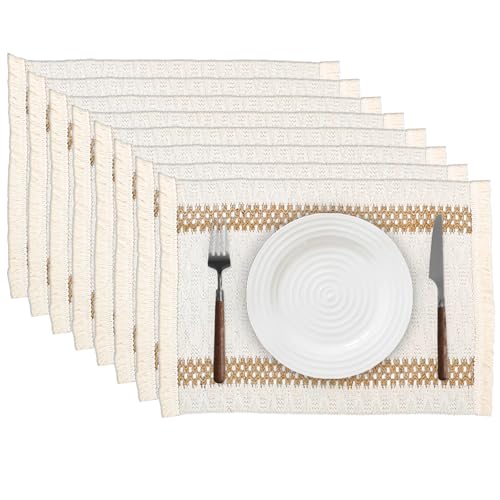 Niviy Boho Placemats Set of 8, 12x18 Inch Natural Cotton Burlap and Kitchen Woven Placemats with Tassels for Dining Table Centerpiece Thanksgiving Home Decorations - color: Beige & Brown, size: 12" x 18", Set of 8