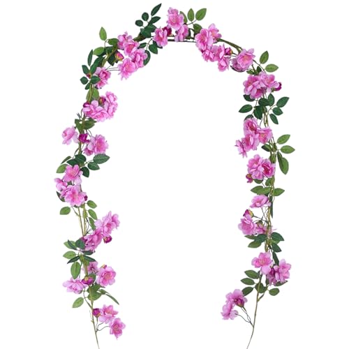 2 Pcs Artificial Flowers Garland for Outdoors Purple Faux Gardenia Garland 12Ft Silk Rose Hanging Vines Floral for Wedding Arch Party Wall Garden Ceremony Backdrop Fence Spring Decor - color: Purple