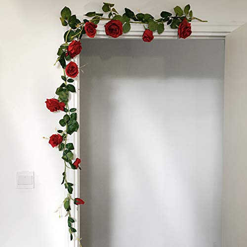 FiveSeasonStuff Classic Red Artificial Silk Roses Flower Garland, Bendable Hanging Vines (2pcs, 11ft) - color: Classic Rose Red