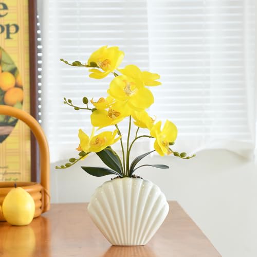 Artificial Phalaenopsis Orchid Plant in Seashell Pot, 16" Fake Orchid Flowers, Silk Faux Orchids for Home Decor, Office, Table Centerpiece, Real Touch Lifelike Indoor House Plant (Yellow) - color: Yellow