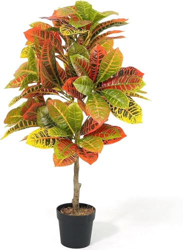 CAPHAUS 36 Inch Artificial Croton Tree Potted Plant - UV Resistant Faux Topiary Plant, Low Maintenance Realistic Indoor Outdoor Decor for Home, Office, Front Porch, Patio - size: 3ft