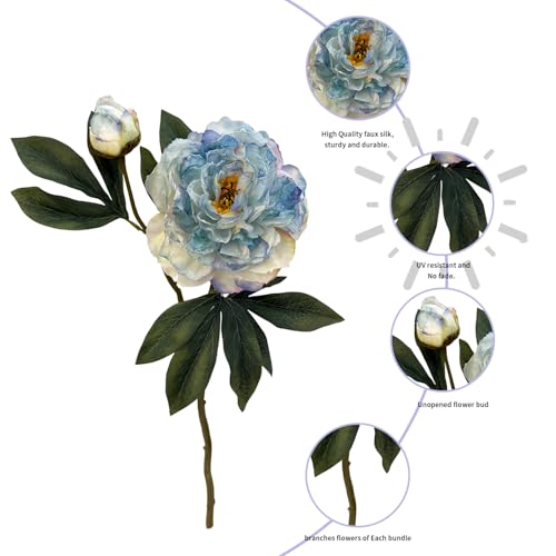 4 PCS Premium White Peonies Artificial Flowers,19.2’’Fake Faux Silk Peonies for Centerpieces Wedding Home Decor (4, Blue) - color: Blue