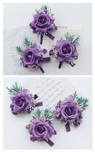 MAFELOE 2 Pieces Boutonniere Wrist Corsage Set, Artificial Rose Flowers Men Women Bride Groom Wedding Prom Party Suit Decor - Dark Purple
