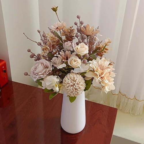 16-inch Artificial Fake Flowers Silk Table Arrangements Faux Plastic Floral Centerpieces for Home with Roses, Dandelions, Daisies, Hydrangea, Eucalyptus, Chrysanthemums and Hollyberries - color: Cappuccino