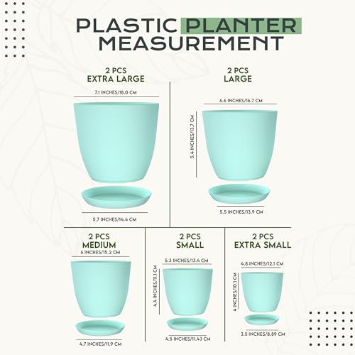 Utopia Home - Plant Pots Indoor with Drainage - 7/6.6/6/5.3/4.8 Inches Home Decor Flower Pots - Plastic Planters for Indoor Plants, Cactus, Succulents Pot (Aqua, Pack of 10) - color: Aqua, size: Pack of 10