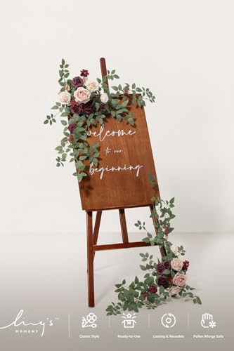 Ling's Moment 2pcs Wedding Flowers Garland Artificial Floral Swag Arch Decorations Rose Greenery Arrangements Marsala Blush Ceremony Reception Garden Easel Wall Entryway Outdoor board(NOT Include Sign - color: Marsala & Blush