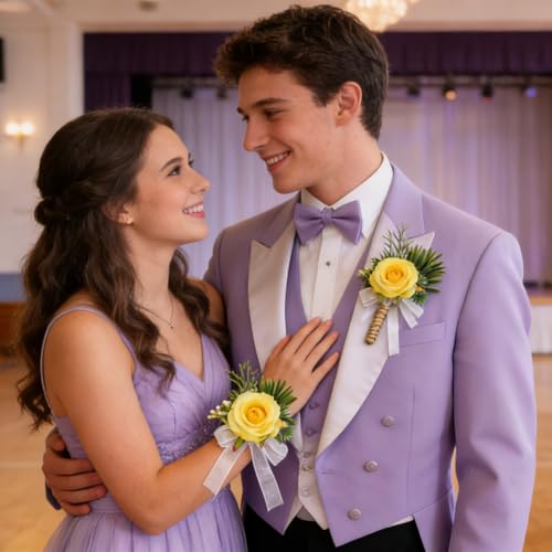 Corsage and Boutonniere Set, Handmade Artificial Peony Rose Wrist Corsage Wristlet and Groom Boutonniere for Men Wedding Prom Suit Decorations (Yellow & Green) - color: Yellow & Green