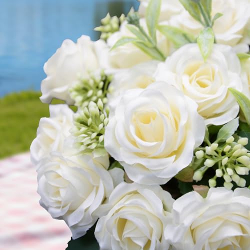 8 Pack Rose Artificial Flowers Bouquet, 10 Small Silk Rose Heads Per Pack, Fake Roses Bunches for Wedding Table Centerpieces Bridal Bouquet Mother's Day Valentine's Day Home Decor, White - color: Milk White