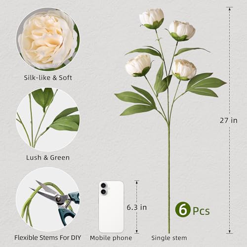 florisso 6 Pcs 27" Faux Silk Artificial Peony Flowers, Fake Peony Branches for Vase DIY Bouquet Centerpieces Wedding Shower Decorations, Champagne - color: Champagne