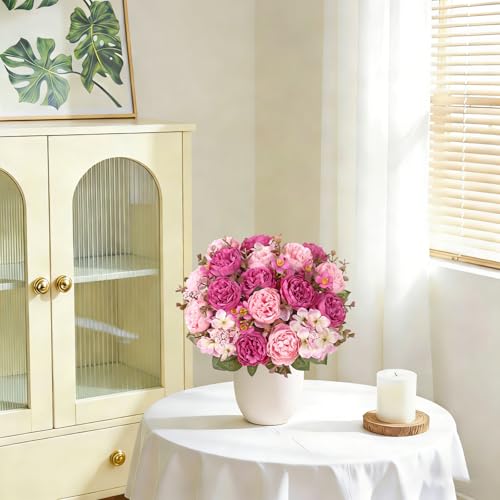 DEMIUKO 4PCS Peonies Artificial Flowers, Faux Peony Bouquet Fake Silk Flower for Vase Faux Floral Arrangements Plastic Flowers for Farmhouse Home Kitchen Table Centerpiece Party Wedding Decor - color: Rose Red, size: 4PCS