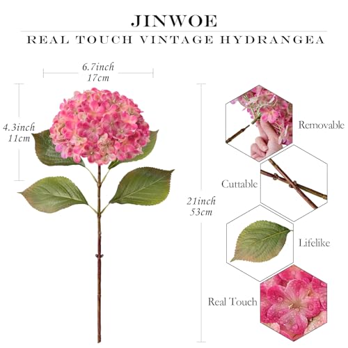 JINWOE Bright Pink Boho Artificial Hydrangeas Flowers,4Pcs 21" Real Touch Lifelike Silk Artificial Hydrangeas, Full Fake Flowers for Bouquet Table Centerpieces Spring Wedding Indoor Home - color: Magenta Pink