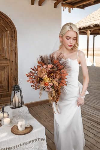 Lisuun Wedding Bouquets for Bride, 16 Inches Wedding Flower Bouquet, Silk Round Bridal Bouquet for Wedding, Ceremony, Anniversary - color: Light Coffee&dark Coffee