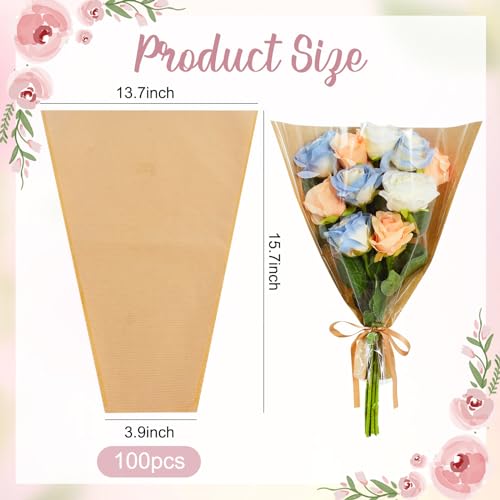 BEISHIDA 100 Pcs Flower Wrapping Bags, Bouquet Sleeves Kraft Paper 15.7 x 13.7 in Clear Flower Sleeves for Bouquets Florist Supplies, Mother's Day, Valentine's Day, Graduation - color: large-kraft-clear