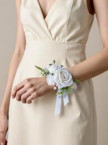 Corsage and Boutonniere Set with White Roses for Bride, Groom, Bridesmaids Groomsmen Weddings, Proms, Homecomings. Perfect Party Suit Decor Wedding Flowers Accessories (White) - color: White