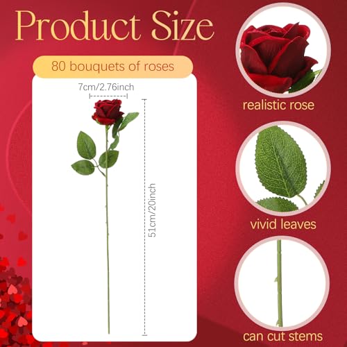 Hotop 80 Pcs Rose Artificial Flowers Bulk with Long Stem, Silk Roses Realistic Fake Flowers Bouquet for Wedding Table Centerpieces Bridal Shower Party Home Decorations(Burgundy) - color: Burgundy