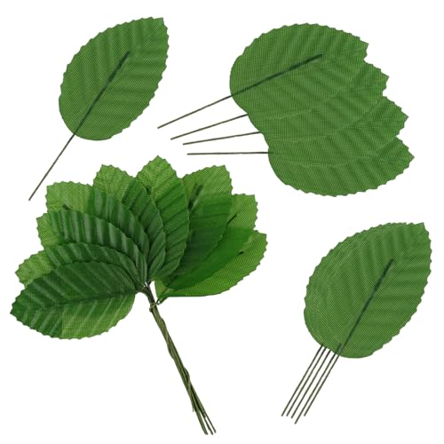 Yolev 200 Pcs Dark Green, Green & Silver Artificial Leaves for Crafts, Silk Fake Leaves, Bulk Faux Wired Single Leaf Wire Plastic Artificial Flowers, Silk Eaves for DIY Wreaths, Wedding, Christmas - color: Dark Green