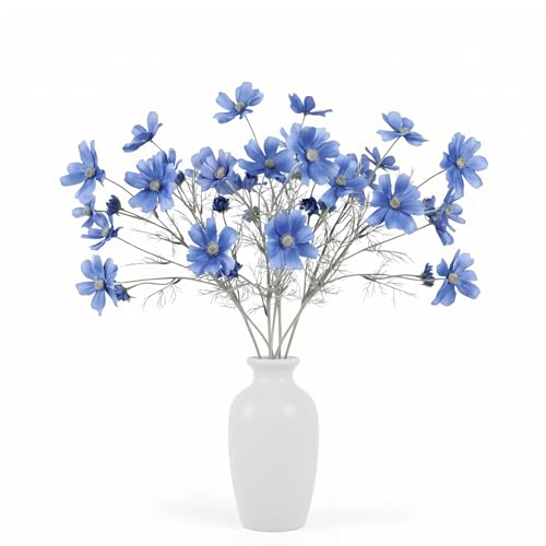 4 Pcs Deep Blue 24" Tall Artificial Cosmos Flowers for Vases, Fake Silk Daisy Floral Branches with Realistic Flocked Bendable Stems, Multi-Headed Faux Blooms for Table, Home Decor, Wedding - color: Deep Blue