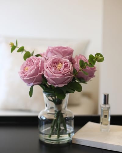 CHASMILE Artificial Flowers with Pinkish-Purple Peonies in Vase, Fix Lifelike Fake Flowers in a Vase with Artificial Water, Faux Flower Arrangements for Dining Table Centerpiece Decor - color: Purple Artificial Peonies Flowers With Vase