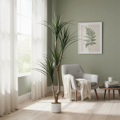 5.4FT Tall Artificial Dracaena Tree in White Pot, Evergreen Faux Dragon Yucca Plant Tree, 65in Tall Indoor Fake Yucca Tree Decorative Potted Floor Plant, for Living Room Entryway Porch Office