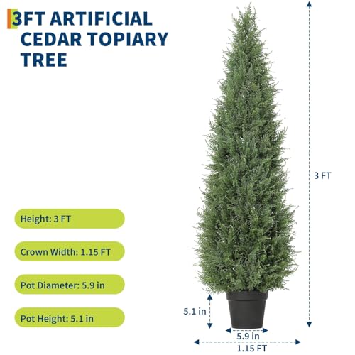 2-Pack 3FT Artificial Cedar Spiral Topiary Trees, UV Resistant Outdoor Fake Potted Plants for Porch, Patio, Wedding, Garden Decor, Realistic Faux Boxwood 3FT - size: 2ft 11in