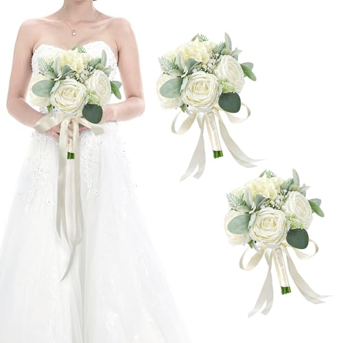 Set of 2 Bridesmaid Bouquets for Wedding - Silk Artificial Ivory Bridesmaid Flowers, Pre-Made Roses Sage Green Boho Bridal Floral for Bride Party Ceremony Anniversary Decoration - 9inch - color: White-2, size: Set of 2 Bridesmaid Bouquets