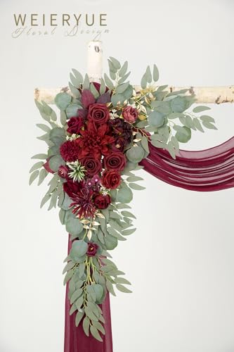 Artificial Wedding Arch Flowers Kit(Pack of 3),2Pcs Artificial Flower Arch Decor,1Pcs Sheer Drape for Wedding Ceremony Arbor for WeddingCeremony (Wine red Memory) - color: Wine Red Memory