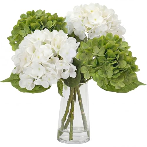 XunYee 4 Pcs Hydrangea Artificial Flowers 20 Inch White and Green Faux Hydrangea Flowers with Long Stem Realistic Fake Hydrangeas Arrangements Wedding Bouquet Table Centerpieces Home Indoor Decor - color: White, Green