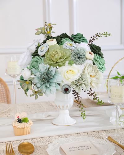 Kisflower Green Artificial Flowers Combo Cake Flowers Decorations Fake Hydrangea Dahlia Silk Roses Gift Box for DIY Wedding Bridal Bouquet Centerpieces Arrangements Party Holiday Decor (Forest Green) - color: Forest Green
