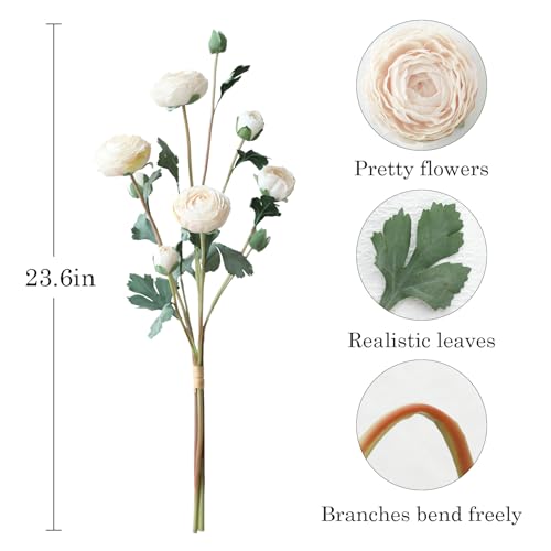 6Pcs Realistic Silk White Ranunculus Artificial Flowers Long Stems, 23.6" Tall Fake Flowers Faux Flowers Suit for Year-Round Home Decoration, Wedding, Bridal Bouquets, Office - color: White
