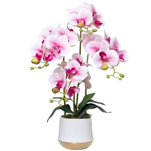 Artificial Orchid Flowers in Ceramic Vase Realistic Pink Faux Orchids 19.5 Inch Fake Phalaenopsis Plant Arrangements for Home Indoor Centerpiece Decor (Set of 4 Stems) - color: Pink, size: 14CM- WhiteGolden