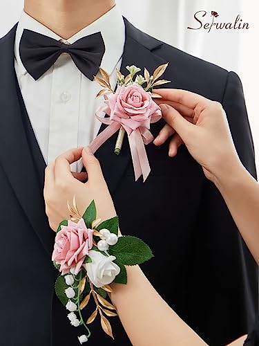 Serwalin Pink Corsage and Boutonniere Set, Prom Corsage and Boutonniere Set of Wedding Flowers Homecoming Accessories Party Suit Decoration - color: Pink, size: 1 Boutonniere & 1 Wrist Corsage - 2pcs