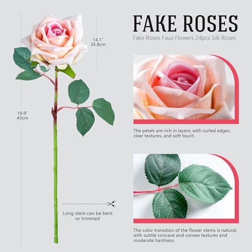 Ttranewsoo Fake Roses Faux Flowers Silk Roses Artificial Roses with Stems Realistic Artificial Flowers 16.5In Suitable for Indoor Home Decoration DIY Bouquet Wedding Decor Party Decor (Pink, 24PCS) - color: Pink 24pcs